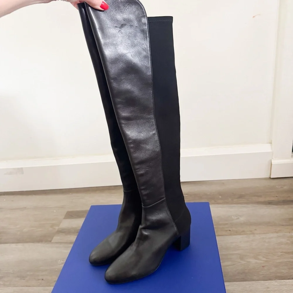 NEW Stuart Weitzman Black Leather Stretch Back Gillian 60 OTK Boots US 6